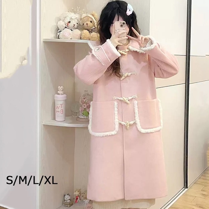 ステンカラーコート ロリータ 冬服 ウール混 レディース ジャケット ミディアムコート コート ロリータコート ロリータアウター トップス アウター 小柄 可愛い 学生 通学 通勤 着瘦せ 女の子 長袖 袖あり 秋 冬 衣装 ゴスロリ 厚手 防寒 寒さ対策 秋冬 オシャレ ピンク S M L XL