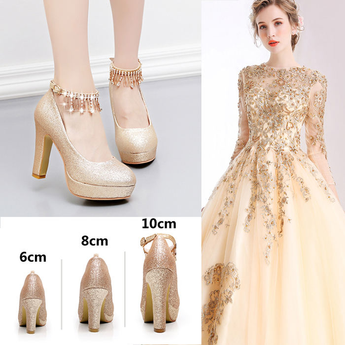 パンプス キラキラ ヒール10cm/8cm/6cm 太ヒール 結婚式/パーティー レディース ゴールド