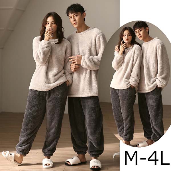 ペアルック ベージュ×グレー もこもこ パジャマ ルームウェア シンプル ギフト プレゼントにも M~4L メンズ/レディース