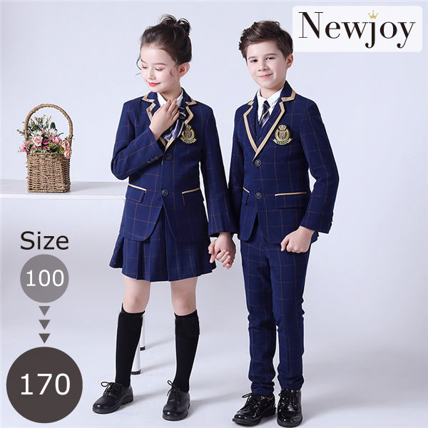 ネイビー 格子柄 学生服 制服 リボン/ネクタイ付き 100～170cm