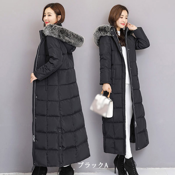 Newjoy / 超ロング ダウンコート ファー付きフード ブラック 2Type
