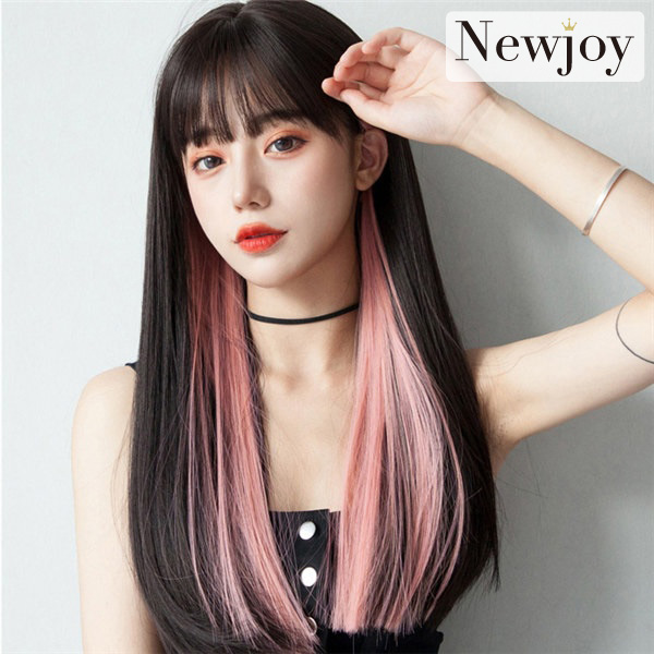 黒/ピンク インナーカラー ストレートロング フルウィッグ ヘアネット付き