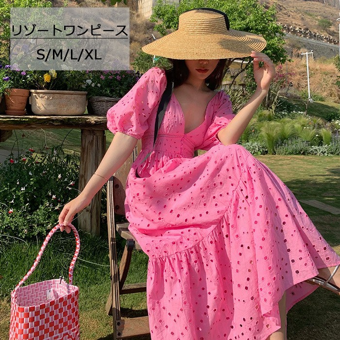 リゾートワンピース 夏 沖縄 ハワイ 花柄 大人 ワンピース かりゆし サマードレス ハワイアン 韓国 可愛い 夏 ロングワンピース 体型カバー 結婚式 七五三 成人式 卒業式 入学式 Aライン 春夏おうち マキシ丈 おしゃれ ドレープ ピンク S M L XL