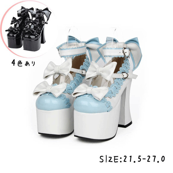 【受注生産】ロリータ靴 厚底 メイド靴 全4色 パンプス ブラック ピンク ホワイト かわいい 大きいサイズ お嬢様 リボン付き 合皮 PU コスチューム 演奏会 文化祭 イベント 舞台