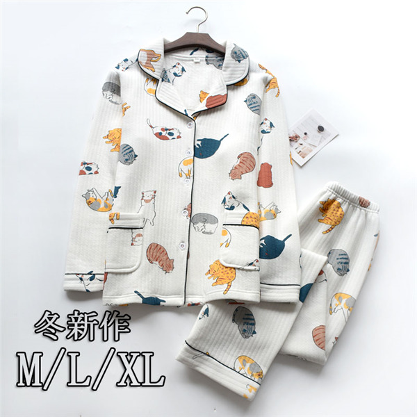 ふんわり キルティングパジャマ 猫柄 ルームウェア 前開き