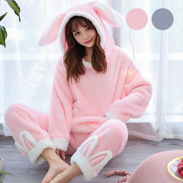 うさ耳 フード付き もこもこ パジャマ レディース ピンク/グレー ふわふわ ルームウェア