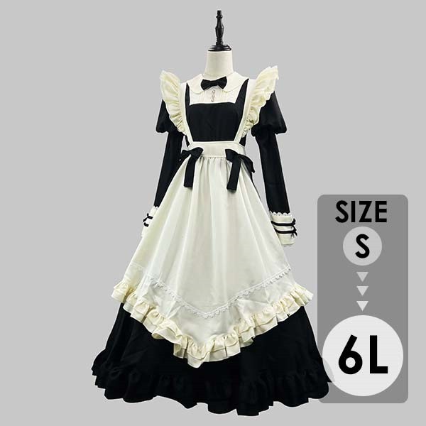 メイド服 コスプレ衣装 レディース ロリータ ワンピース コンカフェ衣装 メイドワンピース エプロン ヘッドドレス リボン パフスリーブ 長袖 フリル  かわいい ゴスロリ クラシカル ハロウィン 学園祭 文化祭 撮影 イベント ブラック ホワイト S-6L
