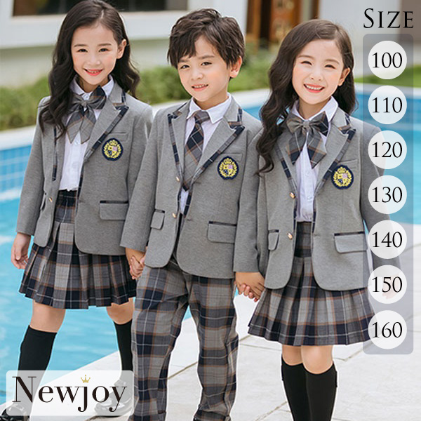 Newjoy 5点セット キッズ 制服 韓国風 グレー チェック スーツ 男の子/女の子