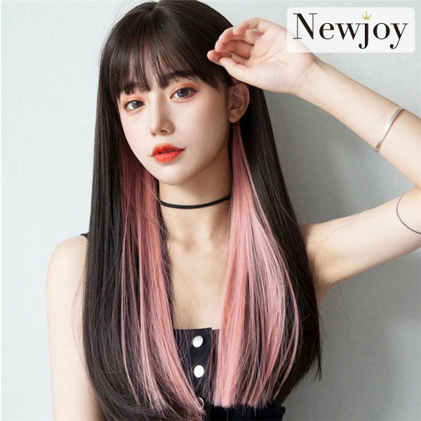 Newjoy / 黒/ピンク インナーカラー ストレートロング フルウィッグ ヘアネット付き