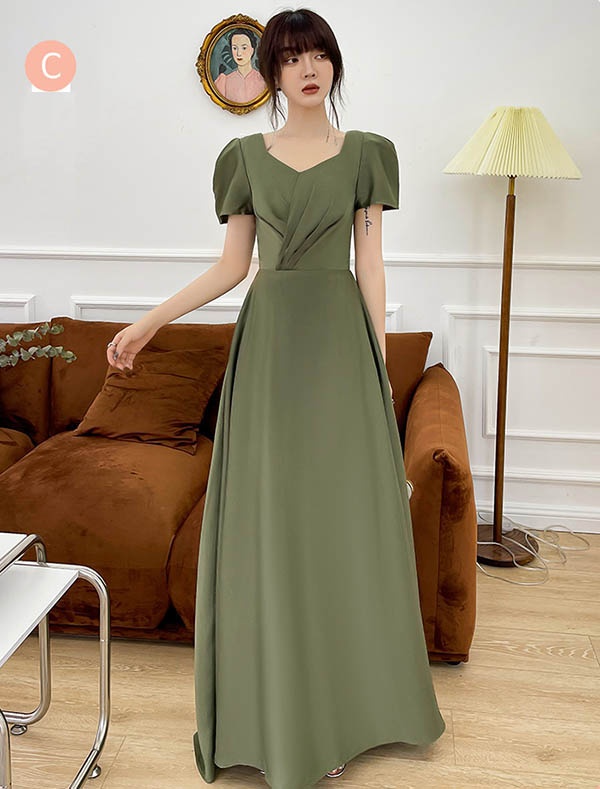 ロングブライズメイドドレス 大人っぽい半袖パフスリーブ フォーマルなワンショルダー イブニングドレス各種サイズお呼ばれ向け XS S M L 2L 3L