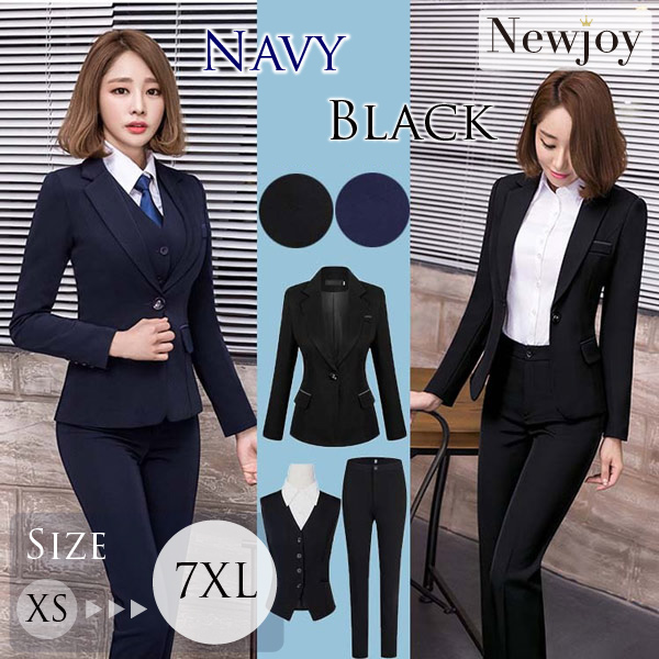 Newjoy / スリムタイプ パンツスーツ ベスト シャツ 紺/黒