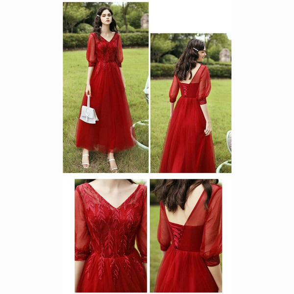 ブライズメイド ロングドレス 結婚式/パーティー 背中編み上げ チュールスカート 赤 6パターン お揃い