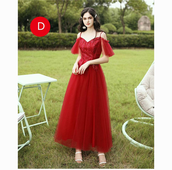 ブライズメイド ロングドレス 結婚式/パーティー 背中編み上げ チュールスカート 赤 6パターン お揃い