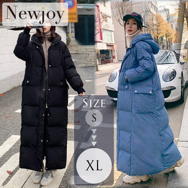 Newjoy / 超ロング 中綿コート ベンチコート ブラック/ブルー 大きいサイズ